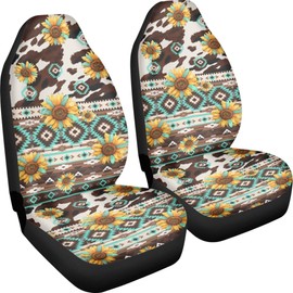 Quelytytrip Cow Sunflower Aztec Print Car Seat Cover Universal Bucket Front Seats Protector Fit Most Cars,Truck SUV Van