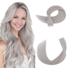 SEGOHAIR Tape in Hair Extensions Human Hair, 14inch Invisible Highlighted 20 Pieces Real Hair Straight Natural Remy Tape Hair Extensions- Sliver