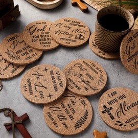 Hushee 50 Pcs Coasters with Bible Verses Christian Drink Coasters Set 4 Inch Absorbent Cork Bible Coasters Bulk Coffee Table Protection Coasters for Home Indoor Christian Gifts Birthday Party Decor