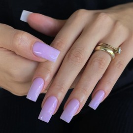SXVME Lilac Press on Nails Long Square, Purple False Nails Long Medium Coffin, Glossy Gel Fake Nails Press on, Square Solid Soft Gel Stick on Nail For Women, 24 Pcs