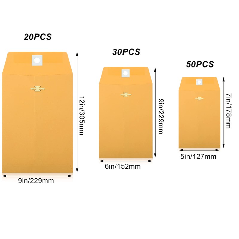 Zonon 100 Pieces 3 Sizes Clasp Envelopes Kraft Paper Catalog