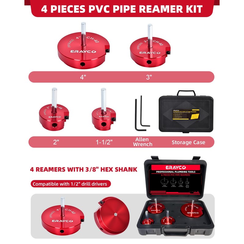 ERAYCO 4PCS PVC Pipe Reamer Kit, Plastic Pipe Fitting Reamer