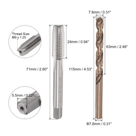 uxcell M9 x 1.25 Straight Flute Thread Tap and 7.8mm Twist Drill Bit Set, Metric M35 Cobalt High Speed Steel Machine Threading Tap Drilling Tool for Stainless Steel