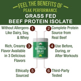 Peak Performance Grass Fed Beef Protein Powder - Lactose Free Great Tasting Beef Protein Isolate. Complete Animal Based Non Dairy Paleo Carnivore Protein Supplement for Prime Muscle Building. No Whey. Vanilla Flavor