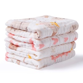 Viviland Viviland Baby Muslin Burp Cloths, 100% Cotton Super Absorbent Washcloths 4 Pack, 10 x 20 inches 6-Layer Bath Towel, Great Shower Gift, Pink Heart and Star