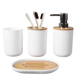 FSY FASILYT Set 4 Accesorios de Baño | Juego Organizador Bambú Elegante | Kit Práctico | Dispensador de Jabón | Jabonera | Vaso Multiusos | Porta Cepillos Dentales| (Blanco)