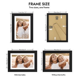 Hongkee 6x9 Picture Frame with Glass, Display Pictures 5x8 with Mat or 6 x 9 without Mat - Wall and Tabletop, 6 by 9 Photo Wooden Frames (Black, 1 Pack)