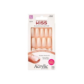 KISS Salon Acrylic Natural "Strong Enough" White Nude Long Almond Coffin Shape - 28 Press On Artificial Nails for Sticking DIY, 2 g Nail Glue, 1 Manicure Stick, 1 Mini File