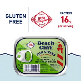 Beach Cliff Wild Caught Fish Steaks in Soybean Oil with Hot Green Chilies, 3.75 oz Can (Pack of 12) - 16g Protein per Serving - Great for Pasta & Seafood Recipes