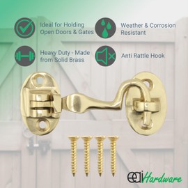 EAI Cabin Hook and Eye Latch | Heavy Duty 50mm / 2 Inch Silent Polished Brass Hook and Eye Latch | 2 Pack with Fixings
