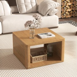 Merax Modern Square Small Coffee Table with Open Storage Compartment, Rustic Wood Center Table for Living Room Reception Room, Natural