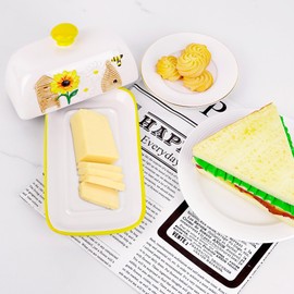 BUNCHBRAVO Ceramic Butter Dish - 3D Sunflower and Bee Design | Yellow White Covered Butter Holder with Lid | Farmhouse Cottage Kitchen Decor