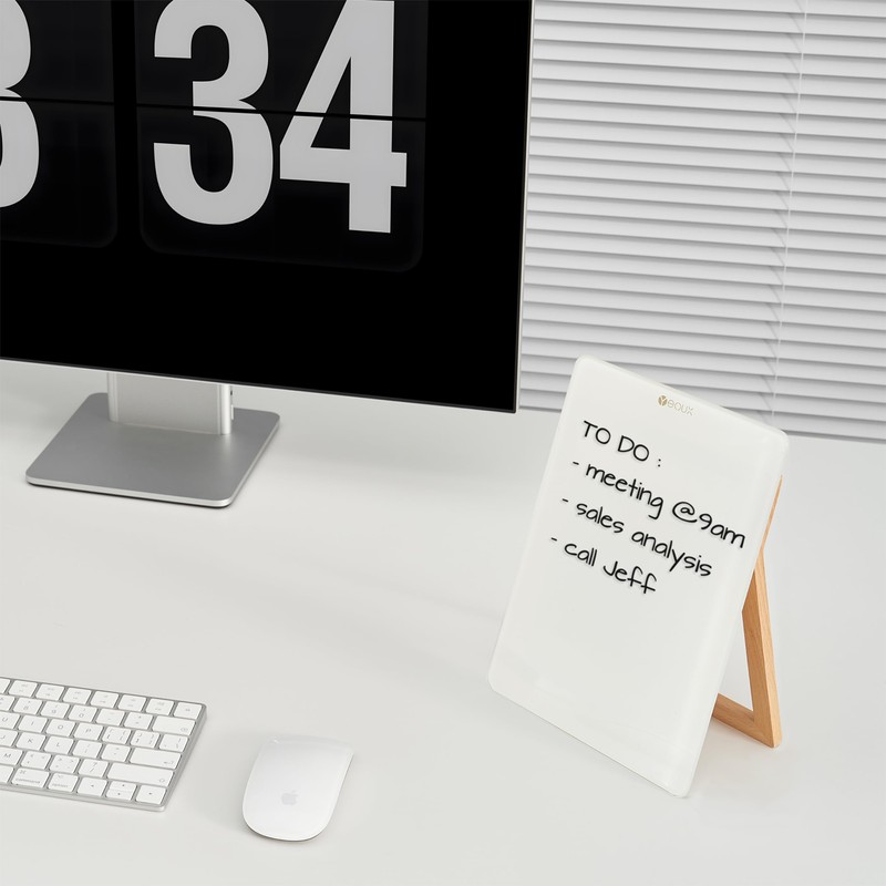 Desktop Glass Whiteboard with Reversible Wood Stand, Small White Board,