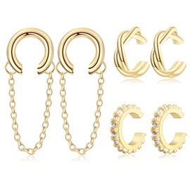 LANGLY 3 Pairs Gold Ear Cuffs for Women No Piercing, 14K Gold Plated Adjusteble Clip On Earrings Cartlage Helix Wrap Cuff for Men Girls