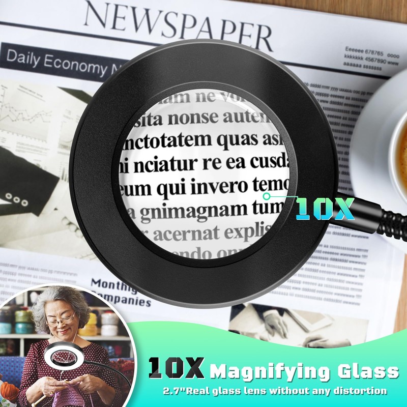 10X Magnifying Glass with Light, Clip on Mganifier with Light,