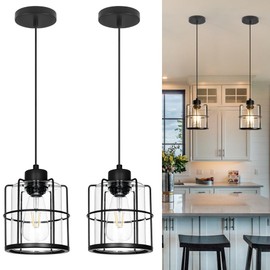 Industrial Black Cage Hanging Lamps, Island Lights for Kitchen with Adjustable Cord, Farmhouse Pendant lights, Pendant Light Fixtures with Clear Glass Shade, E26 Bulb Recommened (Black 2 Pack)