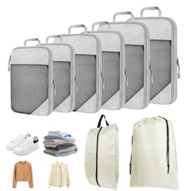 8 Set Compression Packing Cubes for Travel, Expandable Luggage Organizer with Shoe Bag & Laundry Bag - Lightweight Suitcase & Backpack Travel Essentials (Beige)