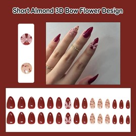 ANDGING Short Almond Press on Nails Red Fake Nails with 3D Bow Flower Designs Glue on Nails for Women Fantasy Acrylic Manicure Stick on Nails for Wedding Pressons Nails Gel Classy False Nails
