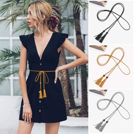 JasGood Women's Thin Braided Waist Belt, Plain Woven Tassel Belt, Pack of 3, 2-Black/Brown/Grey