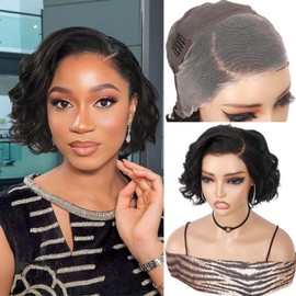 WIGER Short Curly 13X4 Lace Frontal Human Hair Wigs Pre Plucked Glueless Black Curly Bob Lace Front Wig for Women Pre Cut Loose Wave Full Lace Wigs Water Wave Human Hair Wig