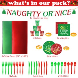 SiliFine 147 Pcs Christmas Party Tableware Set Naughty or Nice Party Supplies Xmas Disposable Dinnerware Plates Napkins Cups Knives Forks Spoons Tablecloth Banner for Xmas Dinner Party Decorations