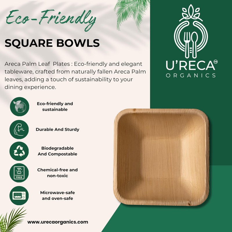 U'reca Organics Eco-Friendly Palm Leaf Bowls | 5" Square Deep