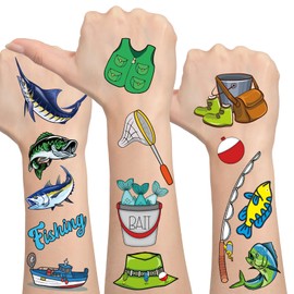Plorbach 24 Sheets(342pcs) Gone Fishing Temporary Tattoos, Fishing Party Favors For Fisherman Themed Birthday Party Go Fishing Fish Tattoo Stickers Decoration Supplies For Kids Boys Adults