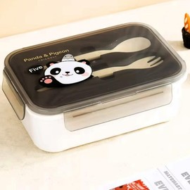 schoolkids, Children 2 grids Leakproof Tiffin bento Lunch Box with Cute Bear Panda Cartoon Stickers, Reusable BPA Free Lunch Container for Students bento Box Lunch Storage (Black & Off-White)