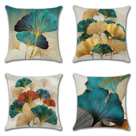JOTOM Set of 4 Waterproof Cushion Covers 45x45 cm Outdoor Modern Gold Teal Leaves Throw Pillow Covers Home Decorative Ginkgo Pillow Cases for Patio Garden Bench Sofa Indoor Bed (Gold Ginkgo)