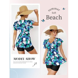 Tesuwel Womens Tankini Bathing Suits with Shorts UV UPF 50+ High Waisted 2 Piece Swimsuit for Women Tummy Control Modest Ruffled Short Sleeve Swim Suit Sets 0102 Green L