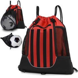 KAEGREEL Drawstring Basketball Backpack for Boys Girls, Foldable Sports Bag with Detachable Ball Mesh Bag for Soccer Baseball Volleyball Stuff, Gym Yoga Sackpack (Red & Black Stripes)