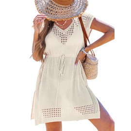 CUPSHE Women Crochet Swimsuit Cover Up Cap Sleeve Summer Knit Beach Dress Vacation Bathing Suit Outfits for Swimwear Apricot, L