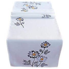 Raebel OHG Tablecloth 40 x 140 cm Wool White Flowers Grey Embroidered Table Runner Spring Summer (40 x 140 cm)