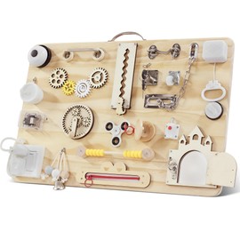 Pithfor Wooden Montessori Busy Board for Toddlers, Montessori Sensory Activity Board Toys for Baby Kids, for Fine Motor Skills, Autism & ADHD