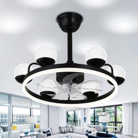 Jenvkoil 24" Caged Ceiling Fans with Lights Remote Control Bladeless Chandelier Fan Flush Mount Lamp Lighting Fixture for Bedroom Kitchen Black