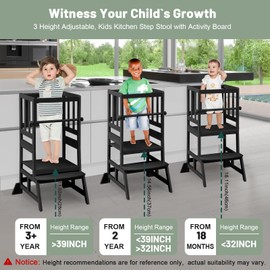 COSYLAND Toddler Standing Tower - Adjustable Height Toddler Kitchen Stool Helper - Kids Kitchen Step Stool for Learning with Removable Safety Railing Black