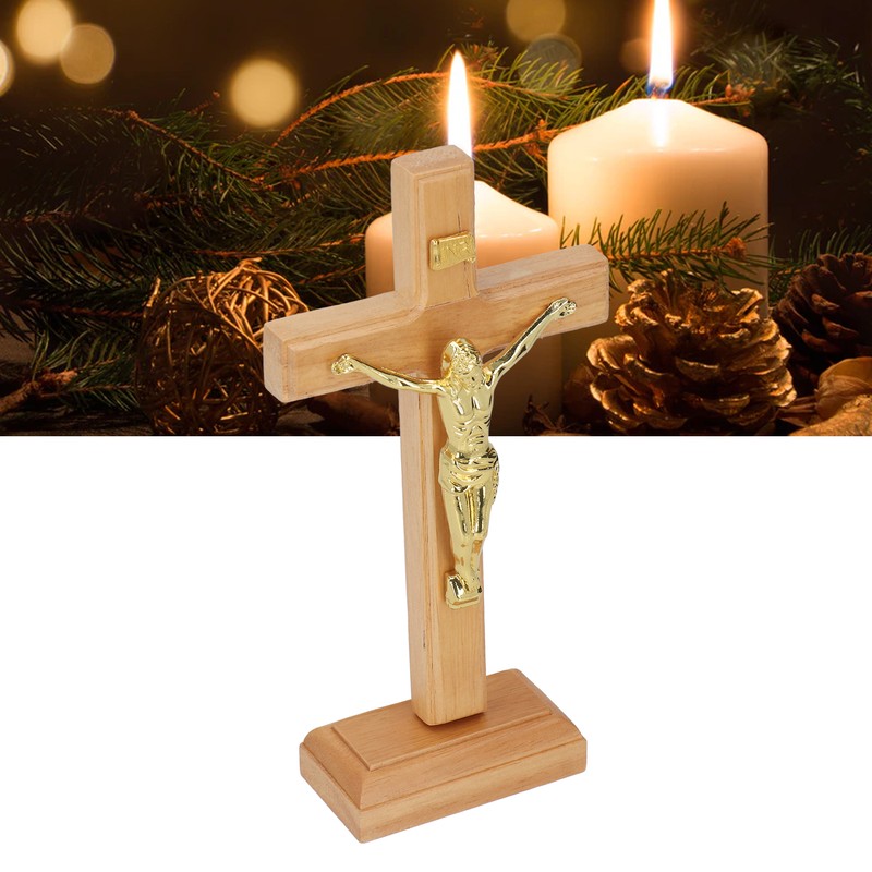 Crucifix Table Cross Hand Crafted Light Brown Durable Beech Metal