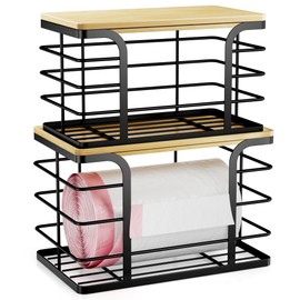 Stylstoreazy 2 Pack Trash Bag Holder,Wall Mount Garbage Bag Dispenser with Bamboo Top,Stackable Storage for Kitchen Laundry Organization,Large