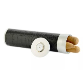 Cigar Travel Humidor Tube Leather Metal w Hygrometer Humidifier Black Croco
