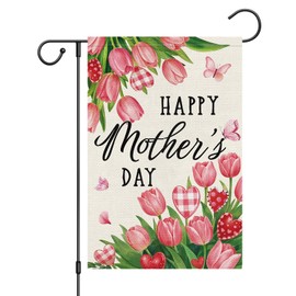 Wodison Happy Mother's Day Garden Flag 12x18 Inch Double Sided for Outside, Pink Tulip Flower Small Burlap Yard Flag Home Outdoor Decoration
