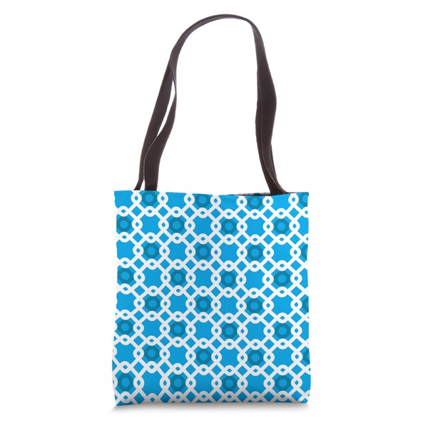 White Azure Blue Chained Rounded Squares Coastal Pattern Tote Bag