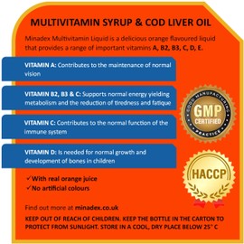 Minadex Multivitamin Liquid for Adults & Kids (Delicious Orange Flavour), 300 ml - Omega-3 & Vitamins A, B2, B3, C, D, E for Reduction of Tiredness and Fatique