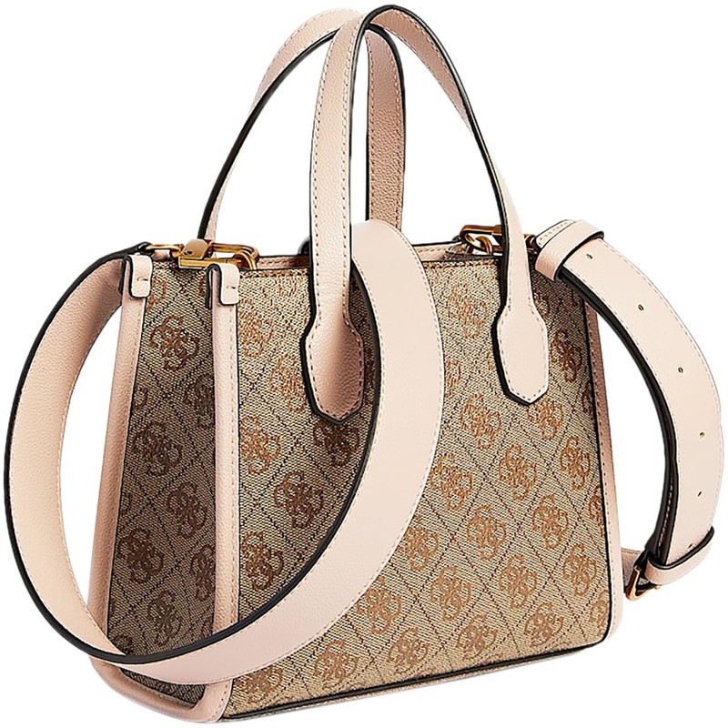 GUESS Womens Silvana Crossbody, Mini Tote, Top Handle, Latte Logo/Rosewood