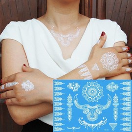 Yesallwas Henna Realistic Large Size 6 Pcs Set Metal Star Feather Sea Flower Shiny Tattoo Sticker Body Seal for Women Arm,Leg,Body,Back 15x21cm (E)