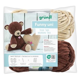 Gründl Funny uni crochet toy, set of 2 x 100 g funny plain chenille yarn, 1 crochet hook and instructions in German and French (Teddy Theo)