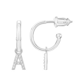 PAVOI 14K White Gold Plated 925 Sterling Silver Post Huggie Earring With Initial Dangle |CZ Initial Huggie Hoop Earrings | Womens Cubic Zirconia "A" Initial Huggies