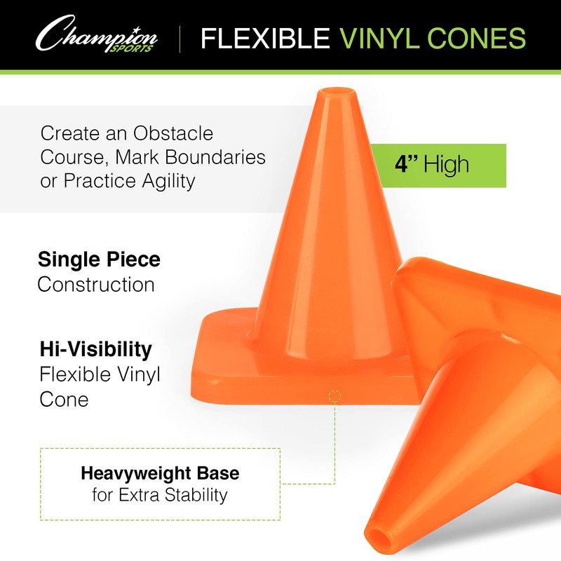 Champion Sports C4SET Hi Visibility Flexible Vinyl Cones, Multicolored, 4"