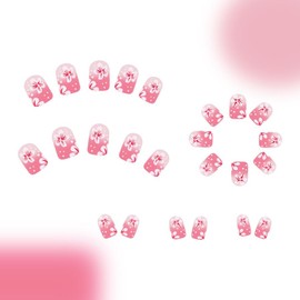 24Pcs Light Pink Press on Nails Short Square Fake Nails with Cherry Blossoms Design Gradient Acrylic Nails Full Cover Glossy False Nails Stick on Nails for Women Girls Spring Summer Nail Art