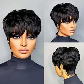 Short Pixie Cut Wigs Human Hair Short Wigs For Black Women Glueless Wigs Pre Plucked Short wigs With Bangs For Daily Use Natural 1B Color