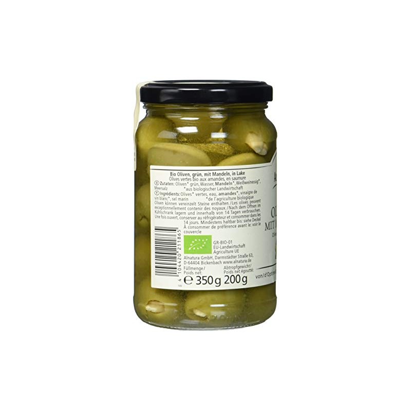 Alnatura Green Olives with Almonds Organic, 350 g (Draining Weight